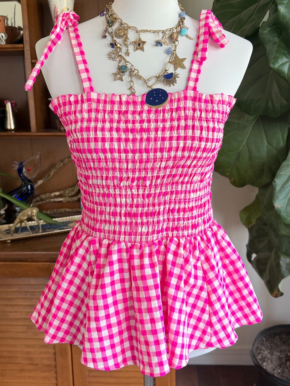 Angie Boutique Bright Pink & White Gingham Check Smocked Tank Top Shirt L